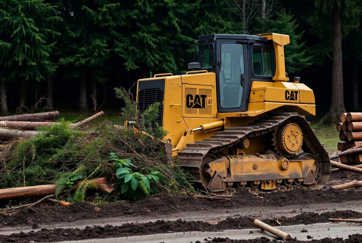 Trident Excavation bulldozer clearing brush in Washington forest