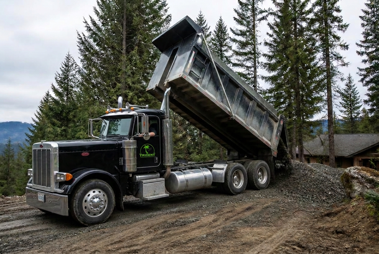 Trident Excavation dump truck laying down gravel on a rural Washington driveway