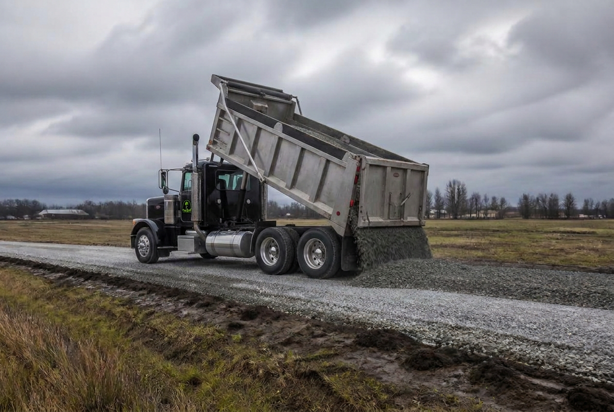 Trident Excavation dump truck spreading gravel along a new road in Whatcom County