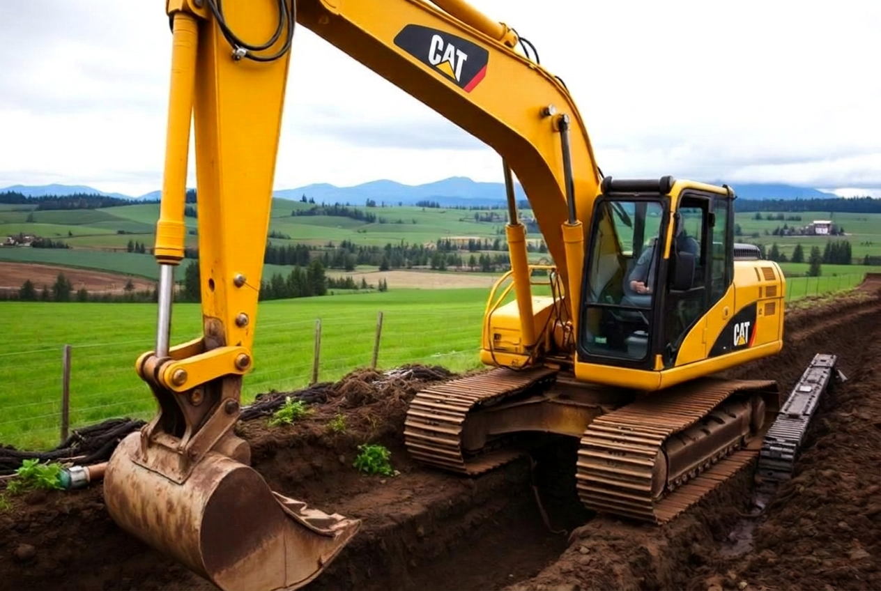 Trident Excavation excavator trenching in Whatcom County farmland