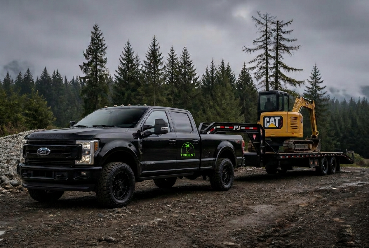 Black Ford F-350 hauling a CAT mini excavator on a Trident Excavation job site in Washington