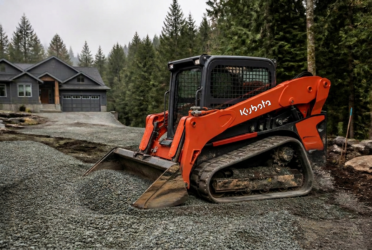 Orange Kubota track loader moving gravel on a Washington state residential site