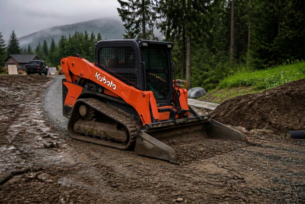 Orange Kubota track loader leveling soil on a Washington state driveway build